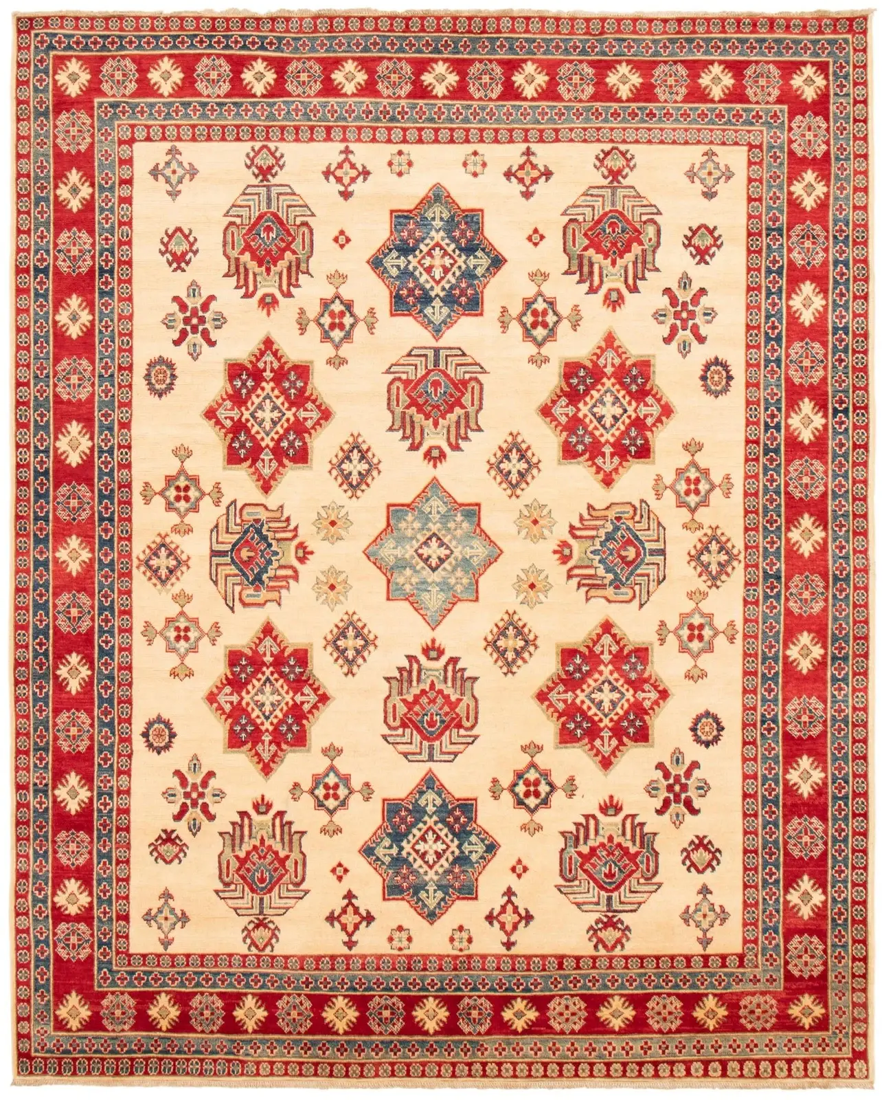 Ivory rug with stepped red and blue geometric medallions inside multiple red and blue borders